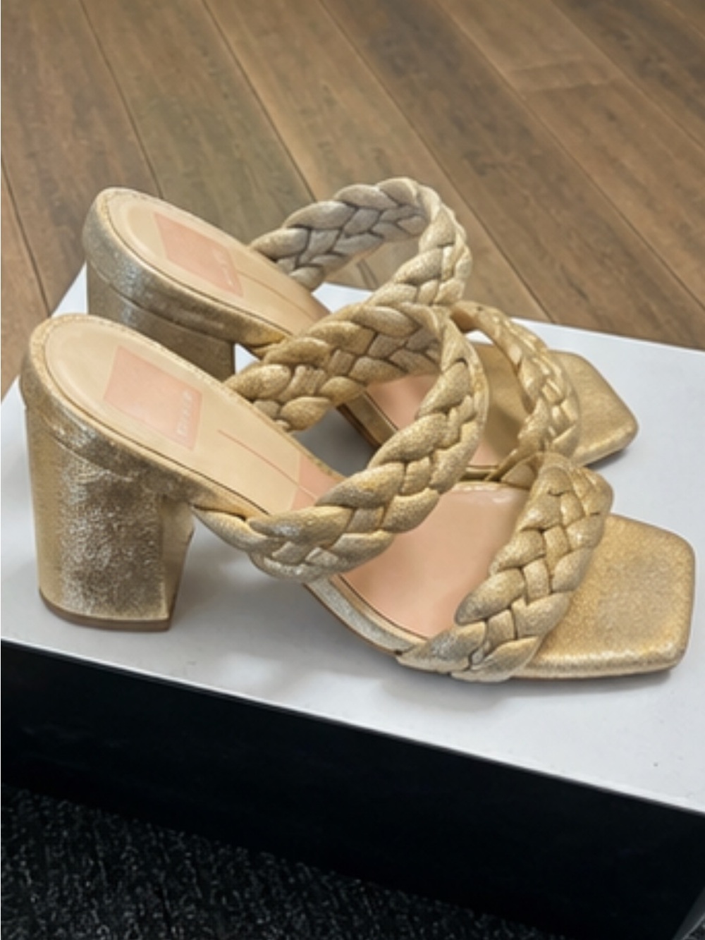 Gold Braided Strap Block Heel Sandals - Women